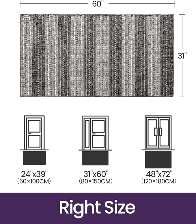 DEXI Dirt Trapper Door Mat, 31x60 Washable Doormat, Dirt Resistant and Absorbent, Easy Clean Low-Profile Floor Rugs for Entryway, Front Door, and Inside Entrance, Striped Grey