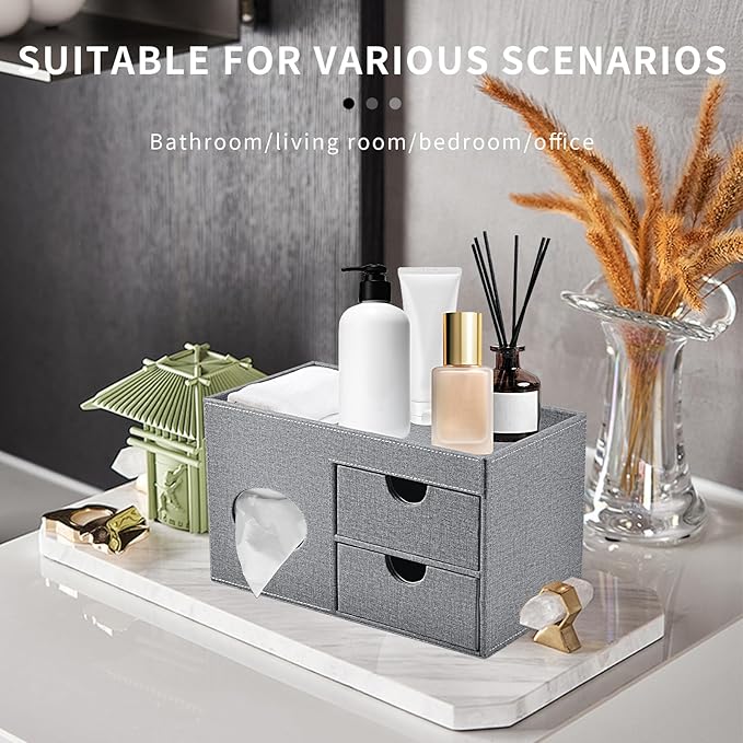 Square Tissue Box Cover with Drawers,Tissue Box Holder with Storage Tray, Makeup Organizer and Desk Organizer,Tissue Holders Decorative for Bathroom Vanity NightStand Dressing Table (Grey)