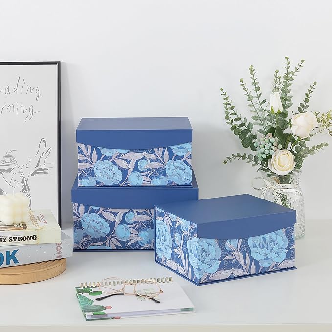Soul & Lane Decorative Storage Boxes with Magnetic Closure, Set of 3 Memory Keepsake Boxes with Lids, Cardboard Storage for Gifts, Organizing, and Home Décor, Manor Blue