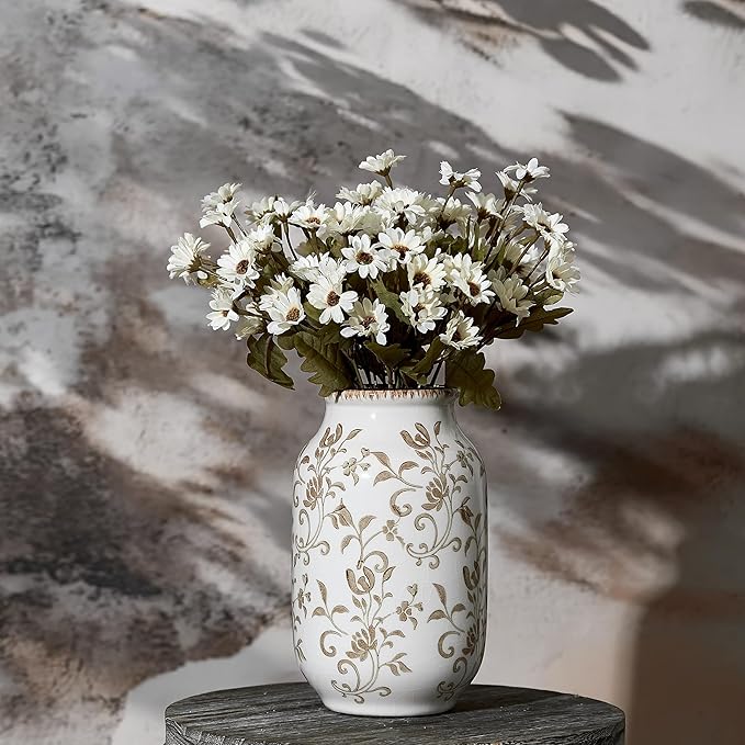 SIDUCAL Ceramic Vintage Vase, 8.78 Inch Chinoiserie Floral Vase, Retro Ice Cracked Rustic Farmhouse Vases for Home Decor, Living Room, Bookshelf, Office, Tuscan Decor, Brown Floral Pattern