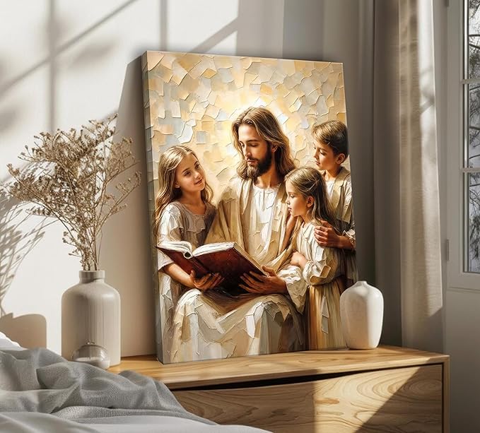 Jesus Teaching Child Canvas Wall Art Christian Kids Room Wall Decor God With Children Painting Pictures Religion Faith Poster Prints for Kids Room Bedroom Church Decoration 16X24