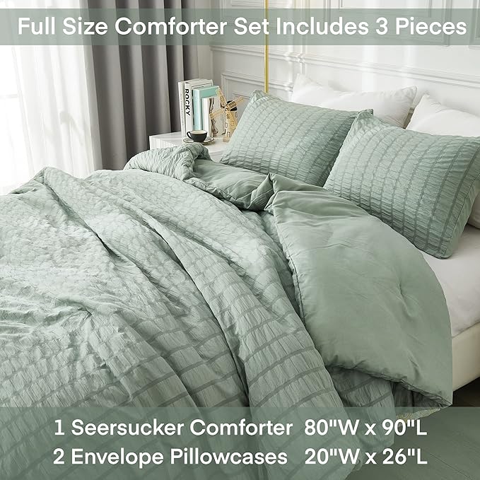 AveLom Sage Green Seersucker Full Comforter Set (80x90 inches), 3 Pieces - 100% Soft Washed Microfiber Lightweight Comforter with 2 Pillowcases, All Season Down Alternative Comforter Set for Bedding