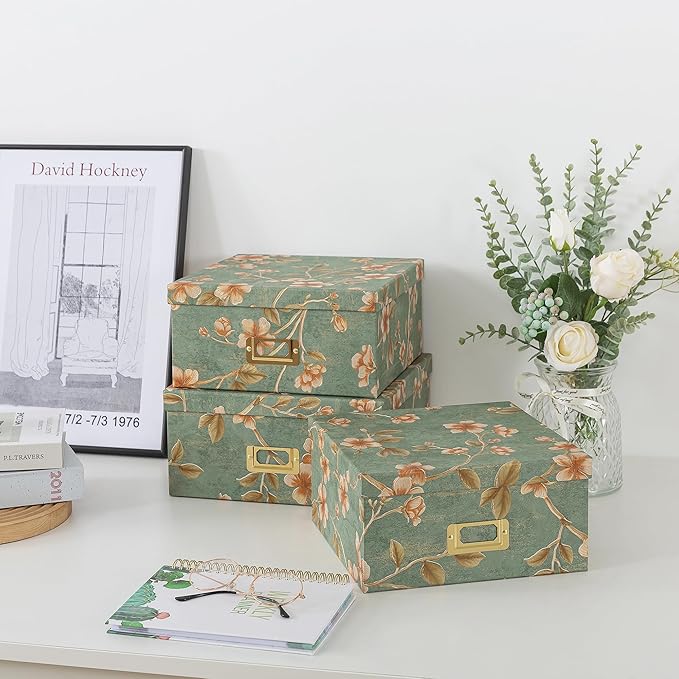 Soul & Lane Decorative Cardboard Storage Boxes - Set of 3 Square Stacking Boxes with Lids and Gold Label Holders, Nesting Photo Storage for Decor and Organizing, Botanical Sage