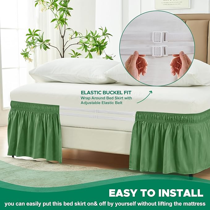 Biscaynebay Wrap Around Bed Skirts for King & Cal King Beds Short Drop of 12", Sage Adjustable Elastic Dust Ruffles Easy Fit Wrinkle Resistant Silky Luxurious Fabric Machine Washable