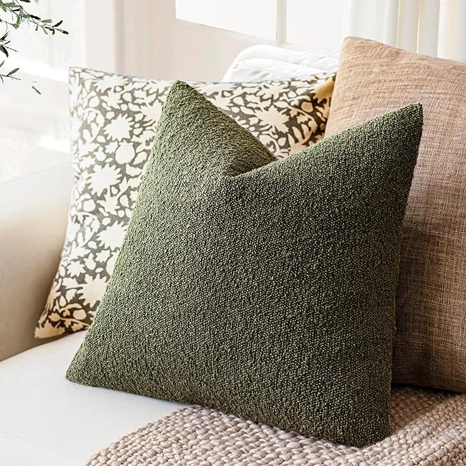 Foindtower Decorative Textured Boucle Throw Pillow Covers Accent Solid Pillow Cases Neutral Soft Cozy Couch Cushion Case for Chair Sofa Bedroom Living Room Home Decor 22x22 Inch,1PC,Moss Green