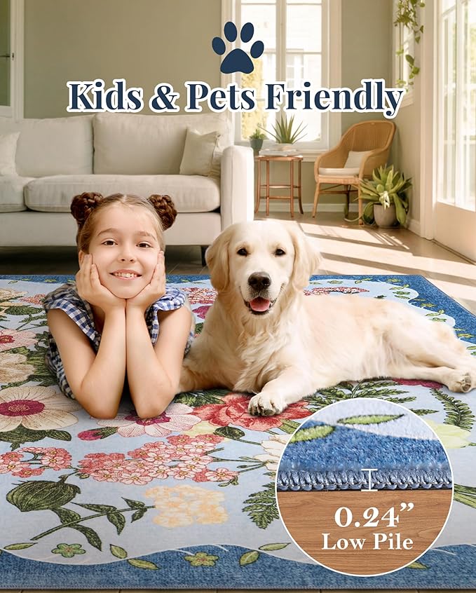 AREAMAY Floral Rug for Living Room - 4x6 Washable Area Rugs Non-Slip Soft Low-Pile Stain Resistant Carpet Unique Flower Print Vintage Indoor Rug for Bedroom Dining Room Office Nursery Room, Blue