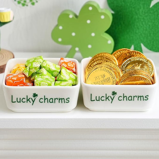 St Patrick's Day Candy Dish Set of 2, Ceramic Irish Shamrock Bowl with Clover, White Decorative Trinket Trays for Jewelry, Keys, Coins, Festive Party & Home Decor