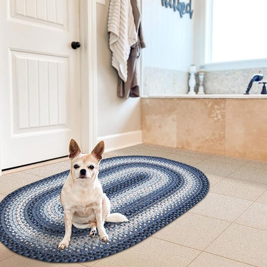 Juniper Blue Braided Oval Rug 20"x30" - Indoor Outdoor Washable - Coastal Country Decor for Kitchens and Entryways - Beautiful, Durable, Reversible, Pet Friendly and Soft