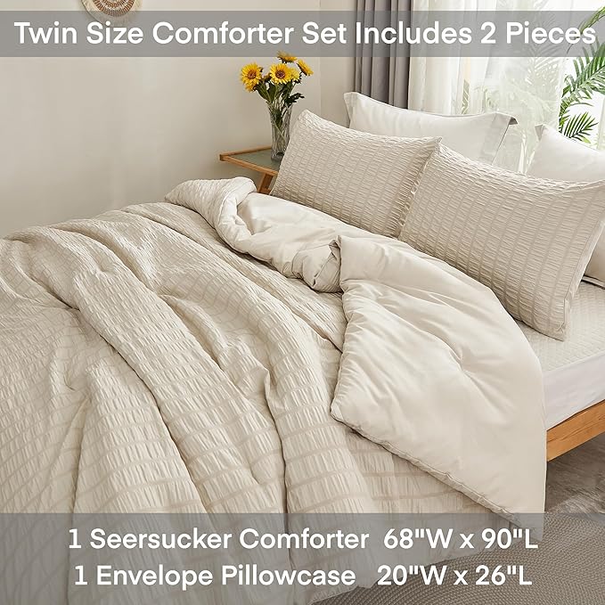 AveLom Beige Seersucker Twin Comforter Set (68x90 inches), 2 Pieces-100% Soft Washed Microfiber Lightweight Comforter with 2 Pillowcases, All Season Down Alternative Comforter Set for Bedding