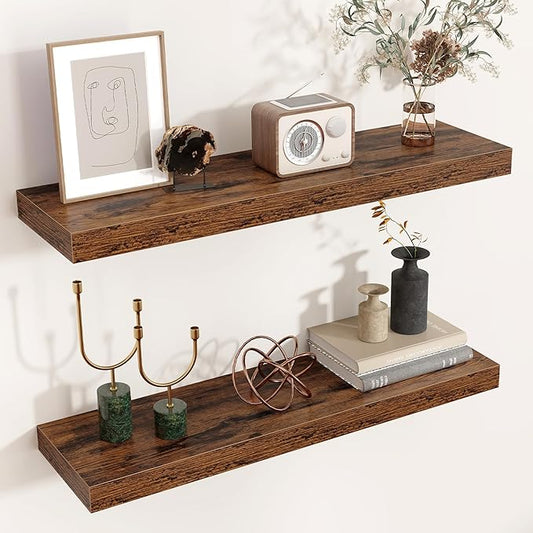 Floating Shelves for Wall 24"W x 6.7"D x 1.37"H, Engineered Wood Wall Shelves with Invisible Brackets for Living Room Bedroom Bathroom Office Kitchen Decor and Storage, Rustic Brown Finish, Set of 2