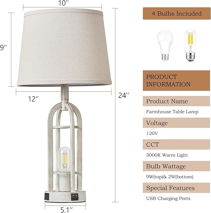 Farmhouse Table Lamps for Living Room Set of 2 - Rustic Industrial Bedside Lamps for Bedroom Nightstand with Nightlight and USB A+C, 4 Bulbs Included