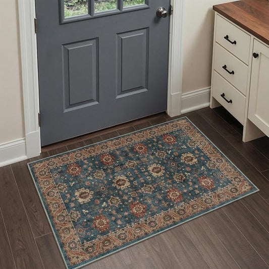 Bavni Boho 2x3 Washable Entryway Rug, Vintage Floral Door Mat Non Slip, Low Pile Soft Thin Indigo Blue Carpet Stain Resistant, Small Throw Accent Area Rugs for Bedroom, Bathroom, Laundry, Kitchen