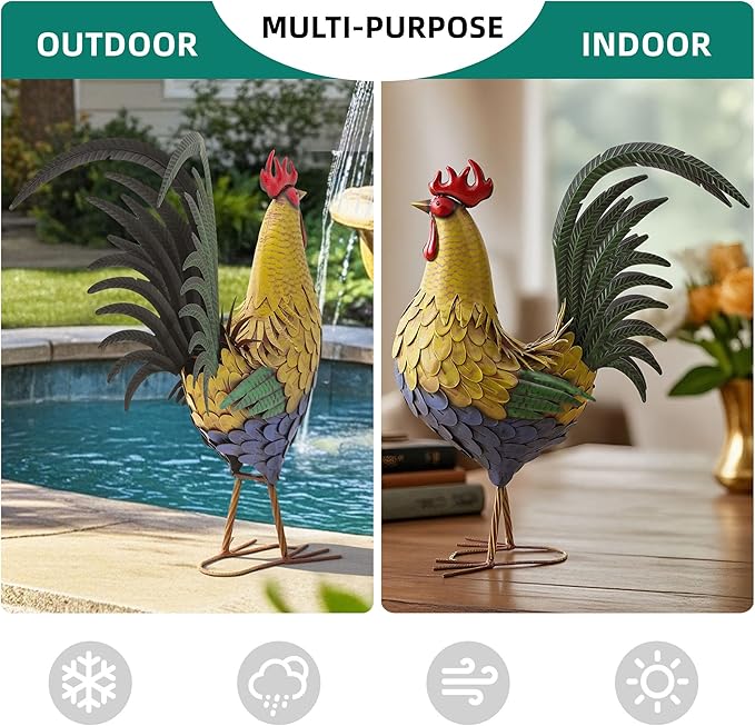 32" Metal Rooster Decor, Large Outdoor Garden Statues, Metal Chicken Sculpture for Backyard Patio Kitchen Decor