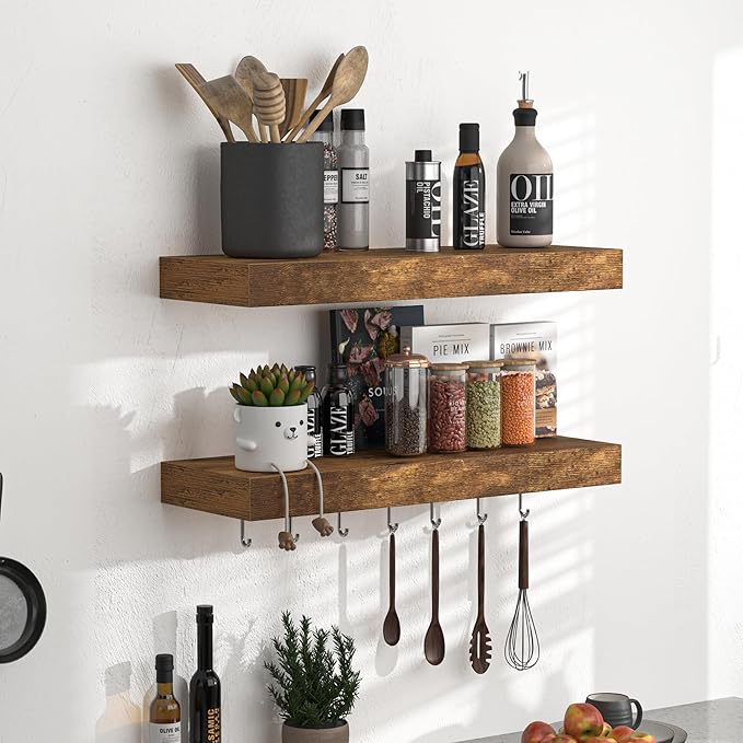 Fun Memories Floating Shelves - 16 Inch Rustic Brown Wall Shelf - Wall Mounted Shelves for Wall Decor Storage - Wooden Shelves with Invisible Brackets for Living Room, Bedroom, Kitchen, 2 Pack
