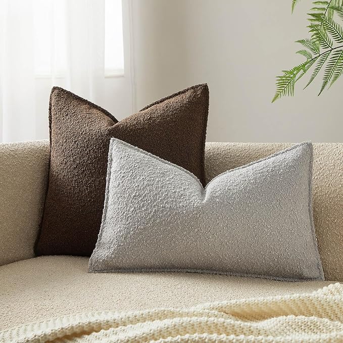 JUSPURBET 12x20 Throw Pillow Covers Set of 2 Decorative Pillow Covers for Couch Sofa Bed Cozy Boucle Textured Lumbar Cushion Covers Cases with Invisible Zipper for Living Room Home Decor,Silver Grey