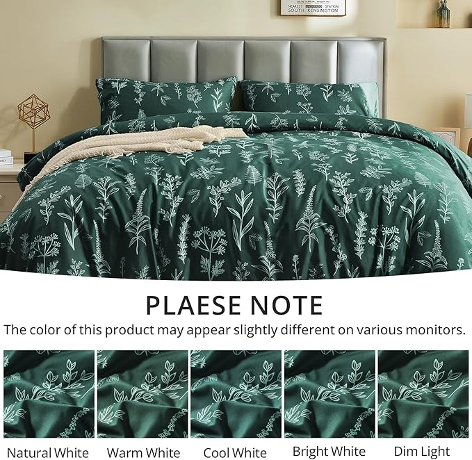MUXHOMO Duvet Cover Queen Size, Reversible Floral Forest Green Duvet Cover Set with Zipper Closure, 3 Pieces Botanical Patterns Soft Microfiber Bedding Set with 4 Ties (90"x90", 2 Pillow Cases)