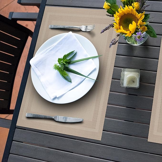 Winknowl Placemats Set of 4，Heat Resistant Woven Vinyl Washable PVC Place Mats，Non-Slip Stain Resistant Indoor/Outdoor Table Mats for Dining Table (Gold)