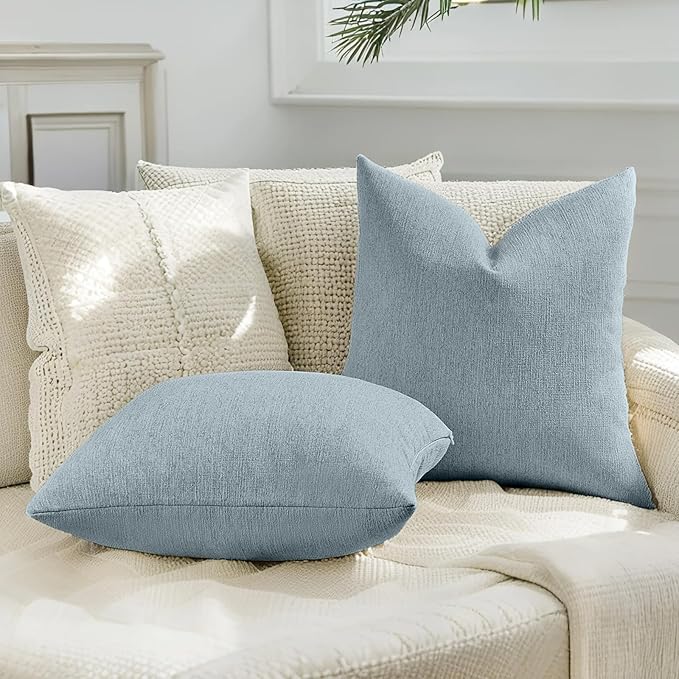 HAUSSY Denim Blue Throw Pillow Covers 12x20 Inch Set of 2,Boho Decorative Faux Linen Lumber Throw Pillows Cozy Farmhouse Accent Cushion Covers,Home Decor for Couch Sofa Bed Living Room