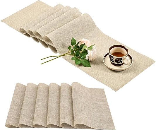 Leetaltree Beige Table Runner and Placemats Set of 7, Heat Resistant Non-Slip Place mats for Dining Table, Washable Durable PVC Vinyl Woven Table Runner Set