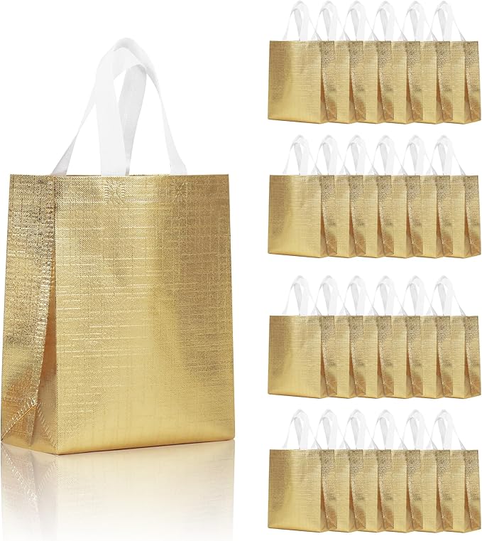 cabzymx Gold Small Reusable Gift Bags with Metallic Design, 25 Pcs Return Gift Bag Bulk for Wrapping Gifts, Birthday, Wedding, Parties-10.2x3.9x8.3 In