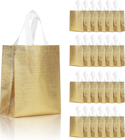 cabzymx Gold Small Reusable Gift Bags with Metallic Design, 25 Pcs Return Gift Bag Bulk for Wrapping Gifts, Birthday, Wedding, Parties-10.2x3.9x8.3 In