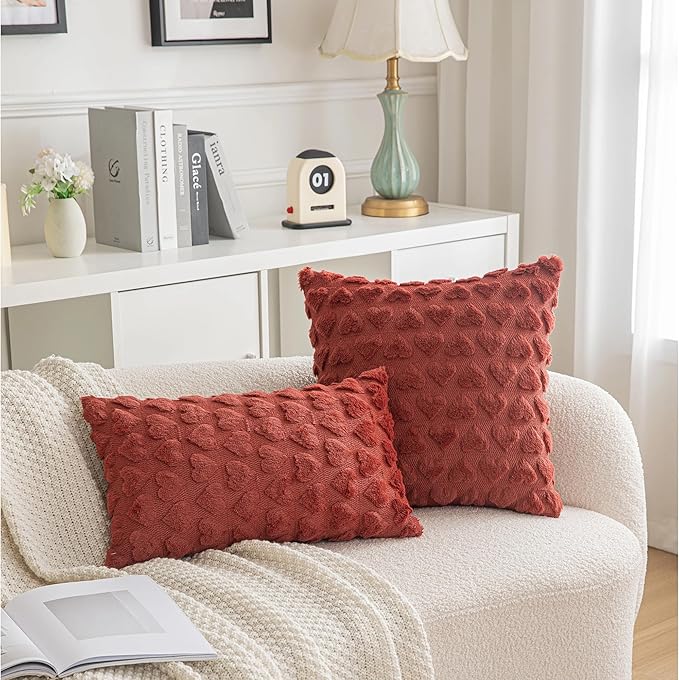 AQOTHES Set of 2 Heart Love Cute Wine Red Decorative Valentines Throw Pillow Covers 20x20, Soft Plush Faux Fur Pillow Covers for Couch Sofa Home Valentines Day Decoration