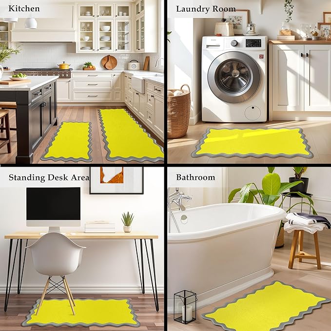 Scalloped Yellow Gray Kitchen Mats Rugs Sets of 2 Cushioned Anti Fatigue Floor Mat Waterproof Kitchen Rugs Non Slip Foam Comfort Standing Mat for Sink Laundry