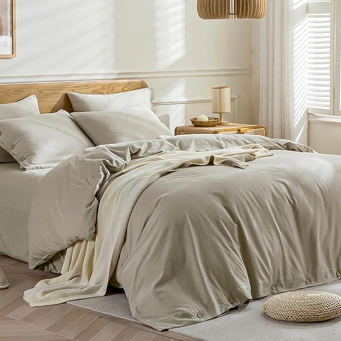 JELLYMONI Cotton Duvet Cover Cal King Size - Linen Gray Comforter Cover with Button 100% Washed Cotton 3PCS Breathable Soft Solid Bedding Set Duvet Cover 104×98in & 2 Pillowcases (NO Comforter)