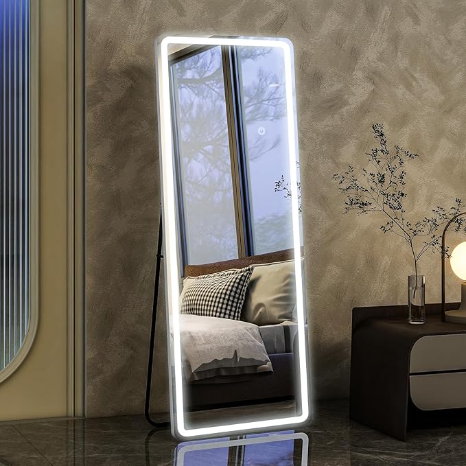 HARRITPURE LED Full Length Mirror - 60" x 16" LED Full Body Mirrors with Stand, Floor Standing Mirror with Lights for Bedroom/Cloakroom -Dimmable & 3 Color Lighting/Wall Mounted