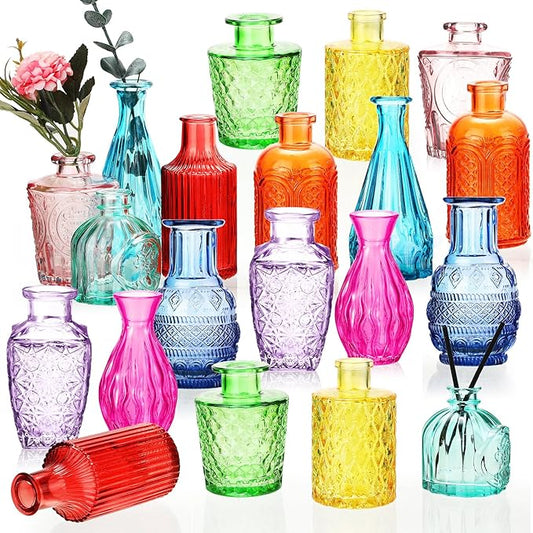 Inbagi 20 Pcs Glass Bud Vase Set - Colored Flower Vases Bulk, Vintage Embossed Decorative Bottles for Wedding Valentine Home Table Centerpieces Decor
