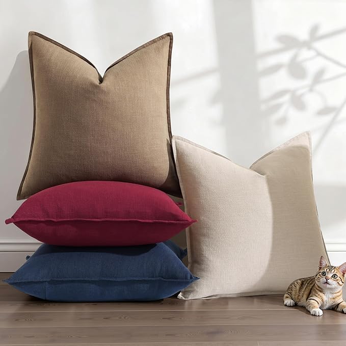 decorUhome Spring Decorative Linen Euro Sham Throw Pillow Covers 24x24 Inch Set of 2 Khaki Brown Pillow Covers with Flange Edges Soft Farmhouse Boho Accent Pillow Cases for Couch Bed Living Room