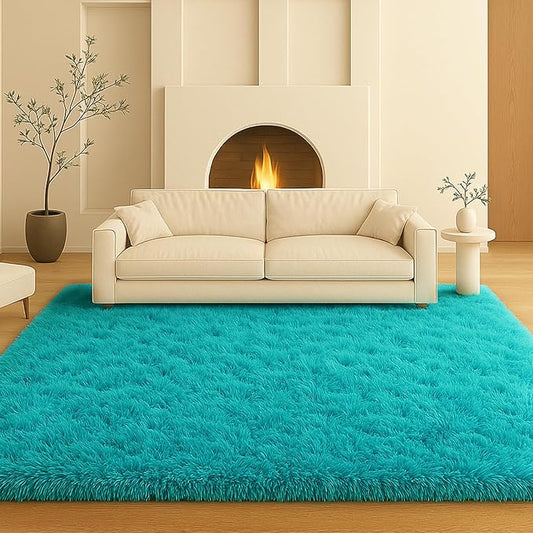 Mtandyx Teal Blue Plush Rug 6x9, Fluffy Shag Carpet Non-Slip, Area Rug for Living Room Bedroom, Modern Soft Rug for Kids Dorm, Hypoallergenic Easy-Clean