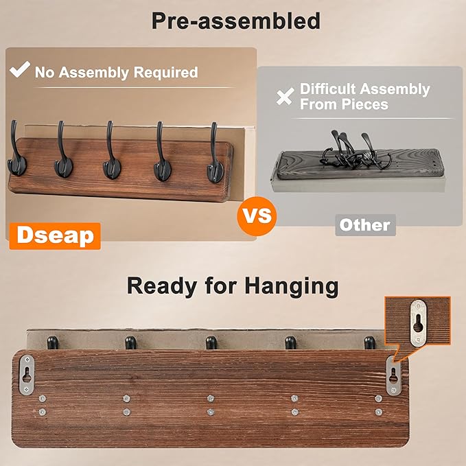 Dseap Coat Rack Wall: Patented, Heavy-Duty, 5-Double-Hooks Wooden Wall Mounted Coat Rack Coat Hanger Hook Rail for Winter Coats Hat Jacket Clothing, Weathered Green