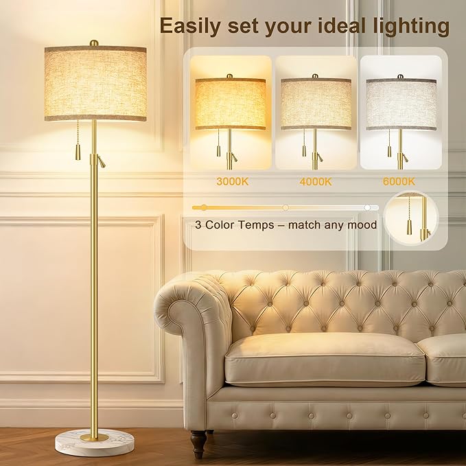 FUNNYBEHOM Modern Gold Floor Lamp for Living Room - Adjustable Height Standing Lamp with Marble Base & Linen Shade, 3-Way Dimmable Tall Floor Light for Bedroom, Reading, Bulb Included
