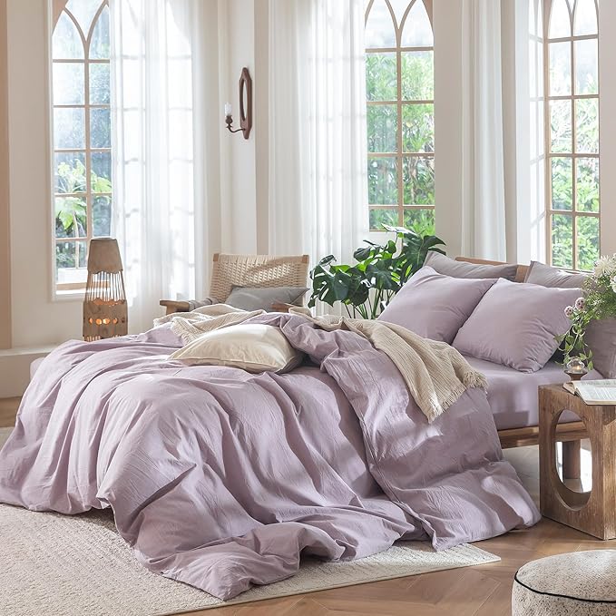 MooMee Bedding Duvet Cover Set 100% Washed Cotton Linen Like Textured Breathable Durable Soft Comfy (Heathered Light Purple, Twin 68"x90")