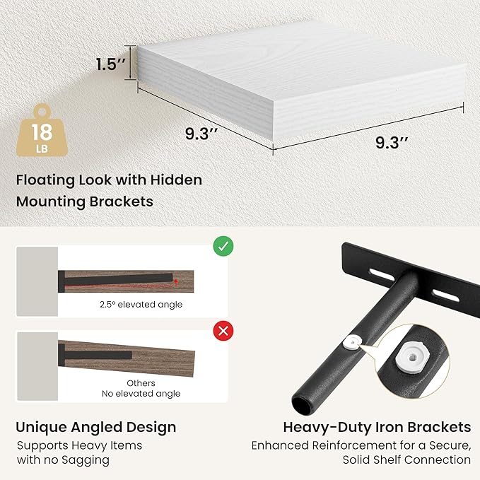 Fun Memories Rustic Floating Wall Shelves, Wall Mounted Wood Storage & Display Shelves for Bathroom, Bedroom, Living Room or Kitchen, (Set of 4, White, 9.3 in)