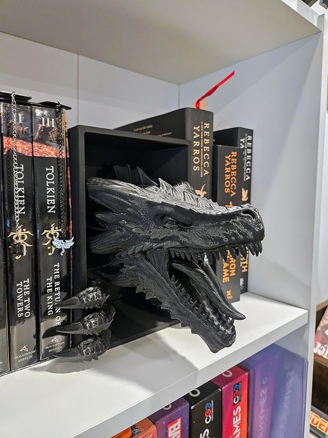 Dragons Awakening Book End – Fantasy Book Nook Insert for Dragon Readers – Unique Home Decor for Bookshelves & Libraries (Black - 2 Arms)
