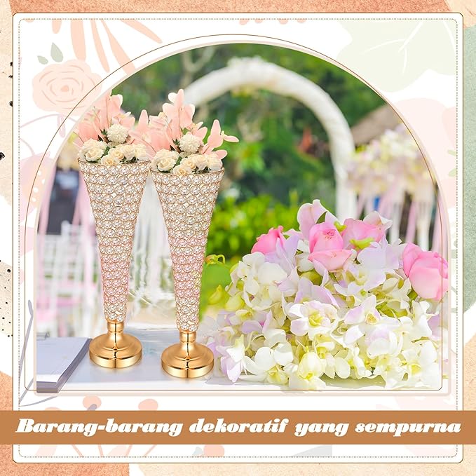 Rtteri 4 Pcs 20 Inch Tall Crystal Vase for Centerpieces Wedding Christmas Metal Crystal Trumpet Flower Vase Stand for Holiday Table Floor Wedding Banquet Celebration, Classic Elegance(Gold)