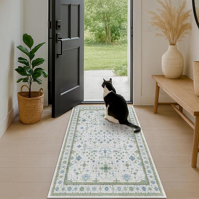 Hazo Haus Blue and Green Washable Rugs for Living Room - 4x8 Vintage Boho Floral Pastel Cream, Washable Low Pile Non Slip Area Rug for Bedroom Beside Bed, Door Mat Indoor Entrance, Kitchen, Decor