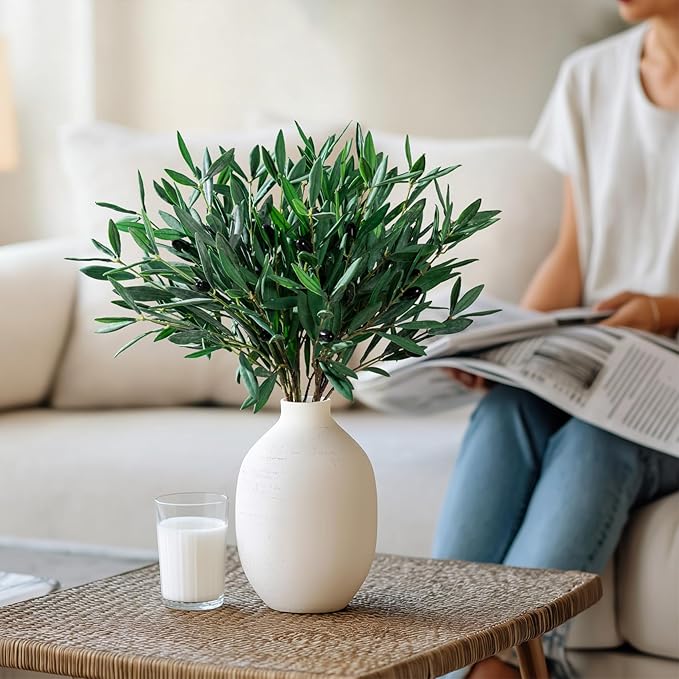 8PCS Premium Artificial Olive Branches for Vases - Realistic PU & Silk Faux Greenery Stems, 3 Sizes, Bendable Wire Stems, Low Maintenance Home/Office/Holiday Decor(No Vase