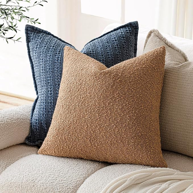 Foindtower Decorative Textured Boucle Throw Pillow Covers Accent Solid Pillow Cases Neutral Soft Cozy Couch Cushion Case for Chair Sofa Bedroom Living Room Home Decor 24 x 24 Inch,Tobacco
