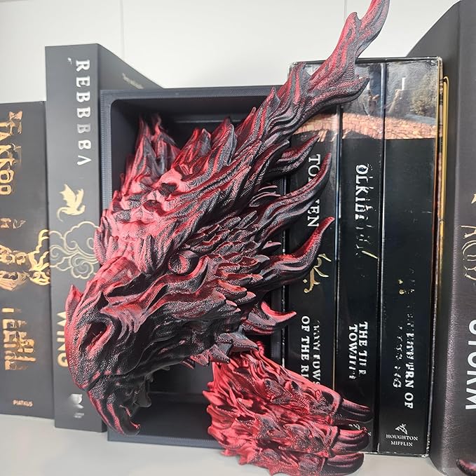 Dragons Awakening Book End – Fantasy Book Nook Insert for Dragon Readers – Unique Home Decor for Bookshelves & Libraries (Head and Tail - Inferno Dragon)