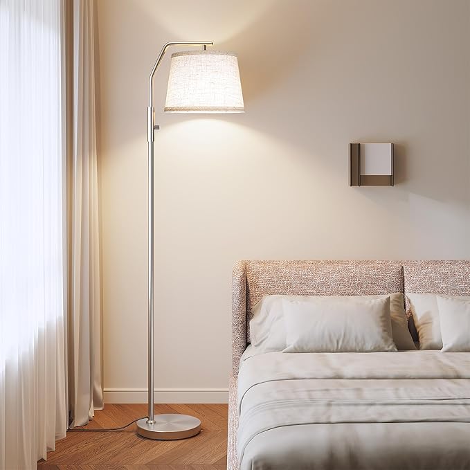 SUNMORY Floor Lamps for Living Room, 9W Bulb Included, Lamp for Bedroom with Adjust Head, Standing Lamp with Rotary Switch, 0-100% Dimmable Floor Lamp for Living Room Bedroom Office Nursery, Nickel.