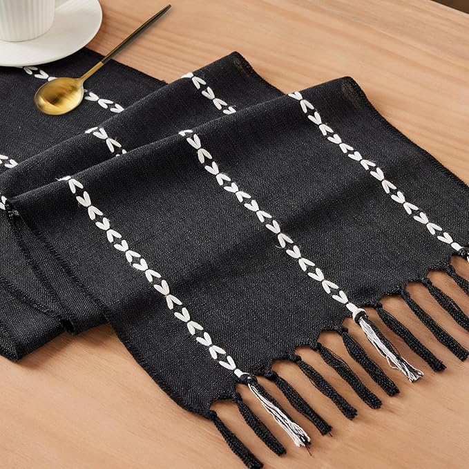 Niviy Halloween Black Table Runner 90 Inches Long, Fall Black Embroidered Striped Braided Boho Table Runner for Holiday Home Party Indoor Outdoor 12 x 90 Inch