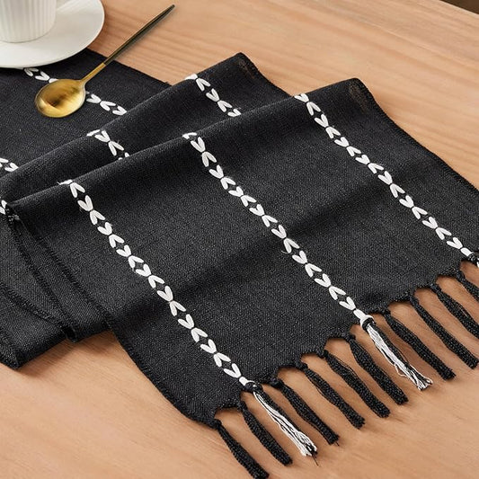Niviy Halloween Black Table Runner 48 Inches Long, Fall Black Embroidered Striped Braided Boho Table Runner for Holiday Home Party Indoor Outdoor 12 x 48 Inch