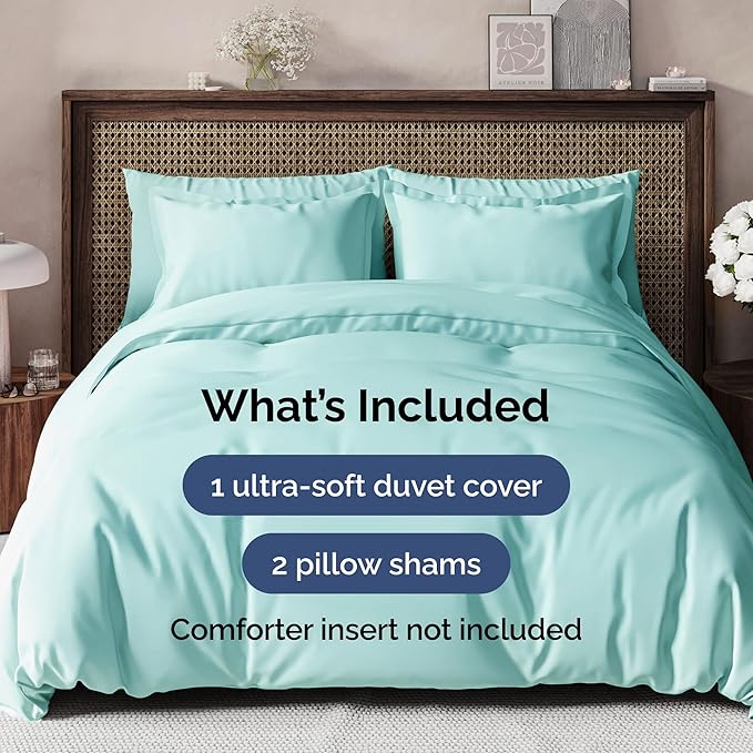Duvet Cover Queen Size Set - Extra Soft Queen Size Duvet Cover 90 x 90 with 2 Pillow Shams - Hotel Luxury Easy Care and Fade Free w/Zipper Closures & Ties - Comfy Breathable Bedding Set (Spa Blue)