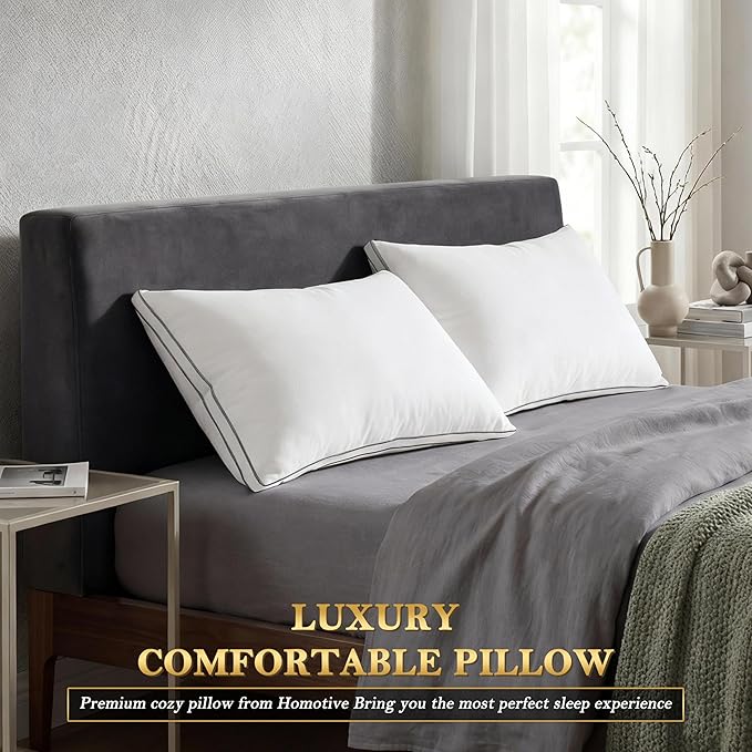 Homotive Feather Pillows King Size Set of 2 Goose Down Pillows with 100% Breathable Cotton Cover, Hotel Collection Bed Pillows for Sleeping, Soft Support for Back, Stomach and Side Sleepers