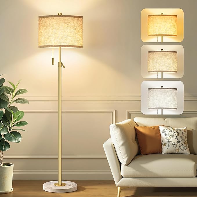 FUNNYBEHOM Modern Gold Floor Lamp for Living Room - Adjustable Height Standing Lamp with Marble Base & Linen Shade, 3-Way Dimmable Tall Floor Light for Bedroom, Reading, Bulb Included