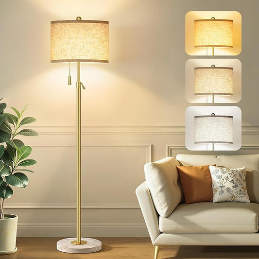 FUNNYBEHOM Modern Gold Floor Lamp for Living Room - Adjustable Height Standing Lamp with Marble Base & Linen Shade, 3-Way Dimmable Tall Floor Light for Bedroom, Reading, Bulb Included