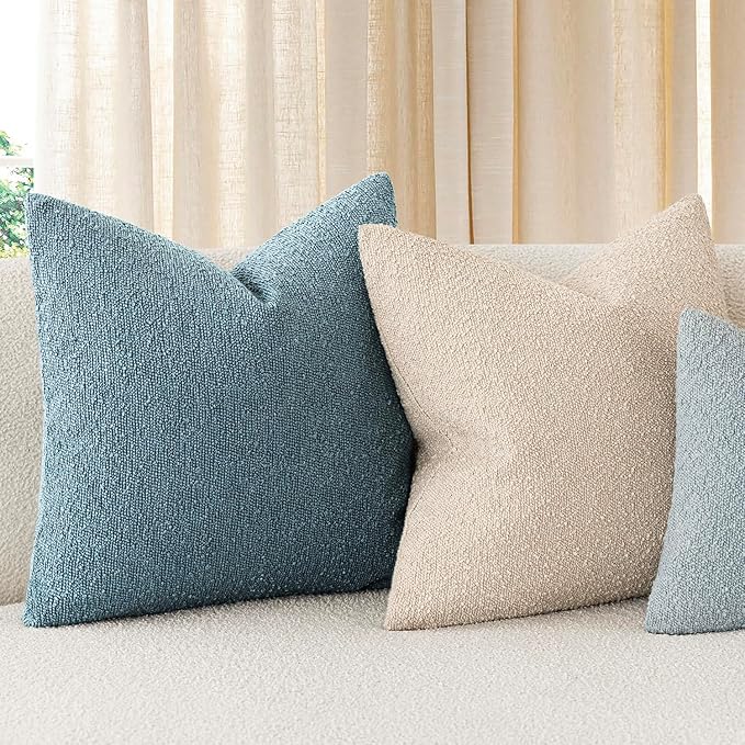 Foindtower Decorative Textured Boucle Throw Pillow Covers Accent Solid Pillow Cases Neutral Soft Cozy Couch Cushion Case for Chair Sofa Bedroom Living Room Home Decor 18x18 Inch,1PC,Misty Blue